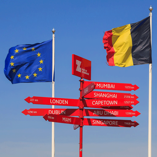 Zeebrugge Belgium Signpost with EU Flag and Belgium Flag
