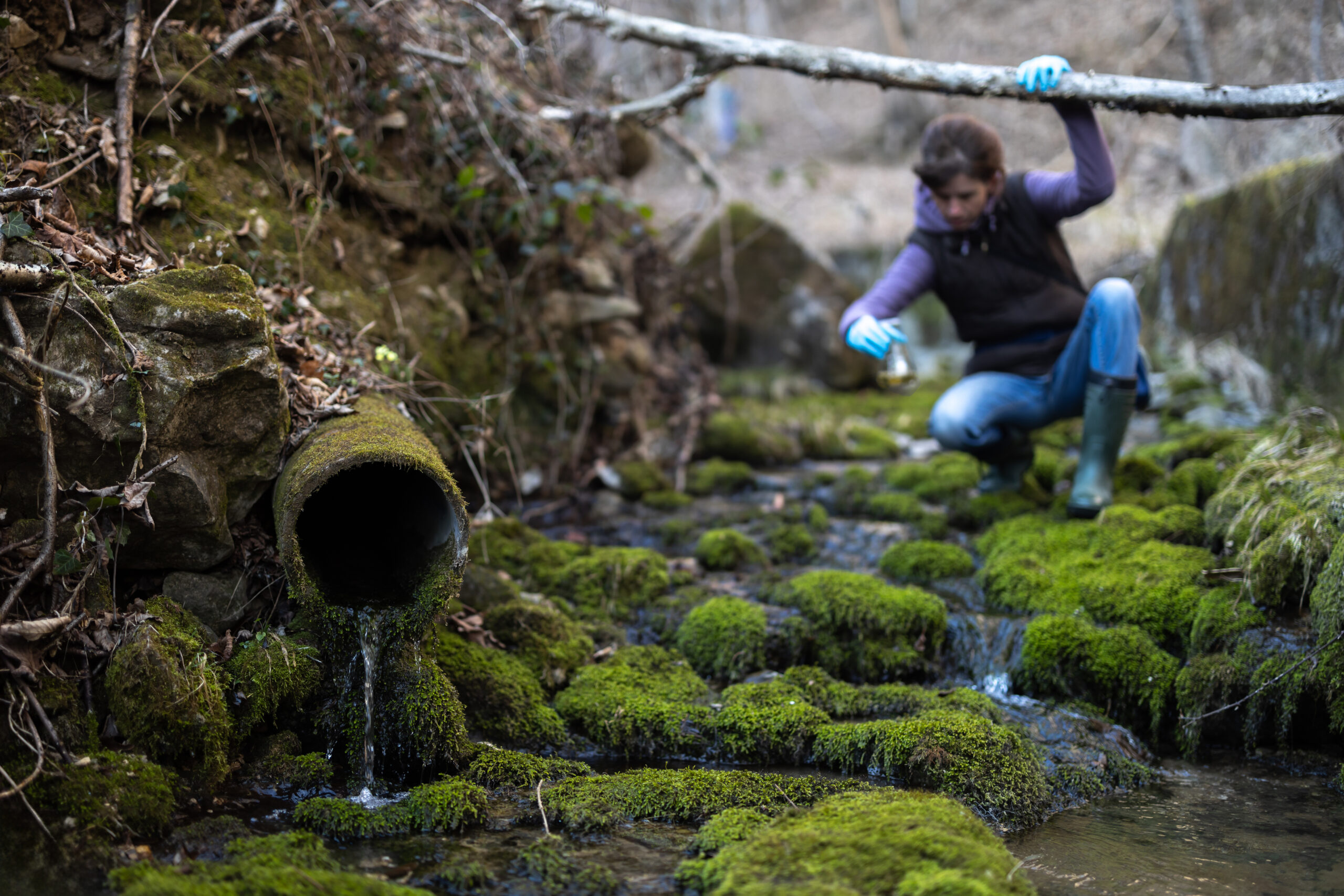 Erwachsene Frau, die als freiwillige Helferin für den Umweltschutz Wasserproben sammelt, bevor sie einen Kanalisationsrohrausgang erreicht, um die Daten zu konfrontieren