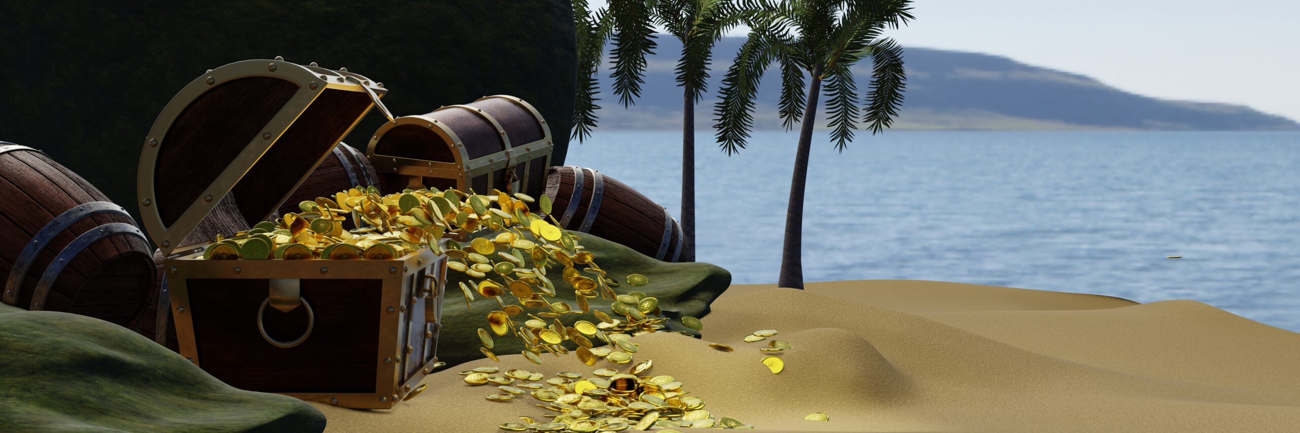 Eine geöffnete Schatztruhe steht am Strand einer verlassenen Insel. Goldmünzen liegen verstreut auf dem Sand.